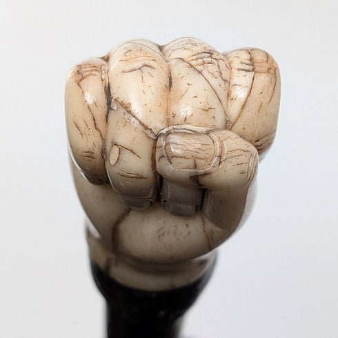 Antique British bone fist-shaped round handle walking stick, 85cm